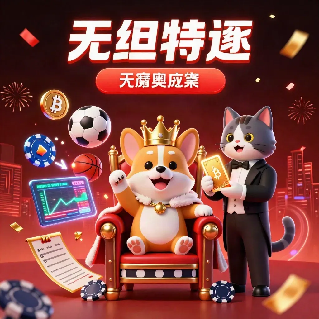 Royal corgi and cat butler amid neon coins, lightning, confetti, and red casino energy.