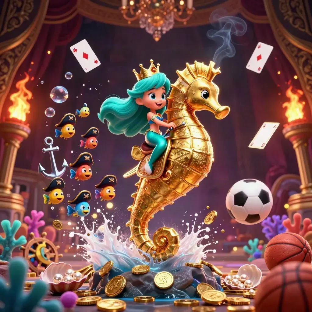 Mermaid princess on armored seahorse in a treasure cove with fish, coins, coral, and glowing effects.