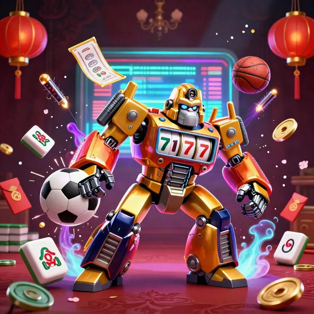 Golden gorilla mech with monkey pilot amid sports balls, casino charms, and neon light