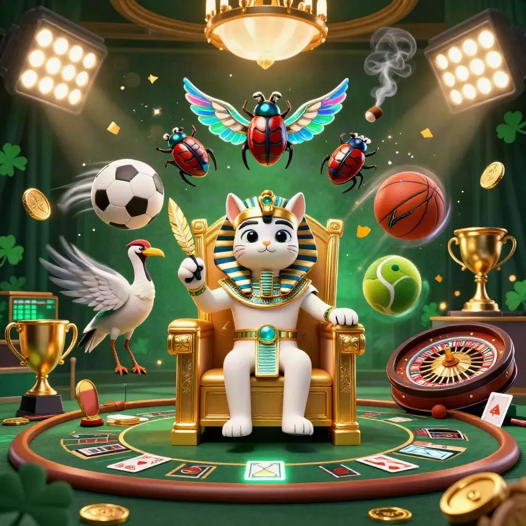 Pharaoh cat, ibis scribe, and gem-winged scarabs amid casino lights and flying sports balls.