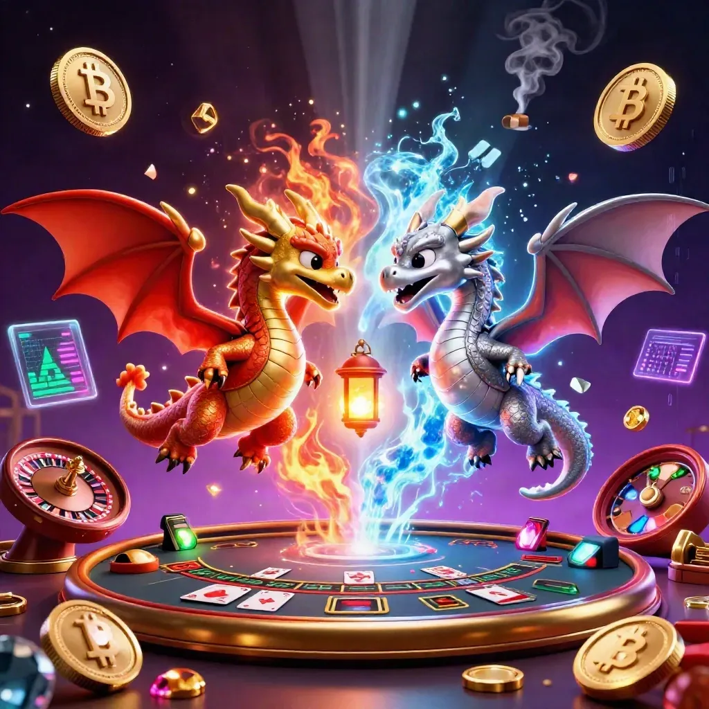 Gold and silver dragons yin-yang in a neon casino room with coins, gems, and game energy.