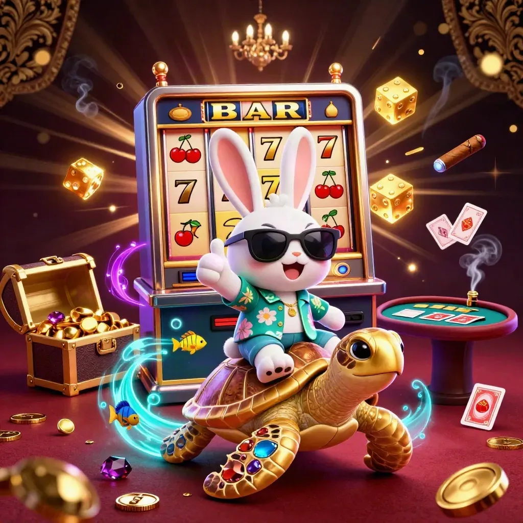Lucky rabbit rides a jeweled sea turtle amid casino symbols, gold, and neon glow.