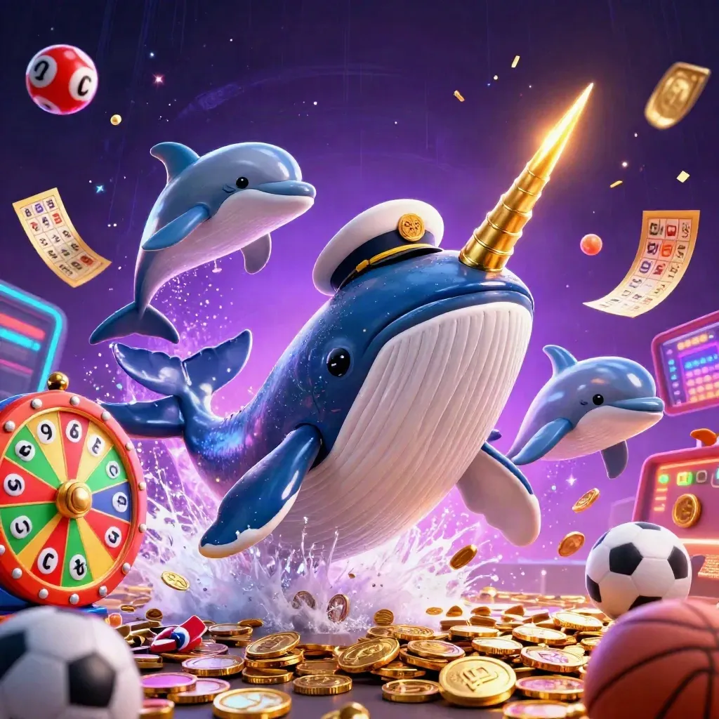 Cartoon whale captain bursts through coins with narwhal, dolphins, lottery balls and neon sparks.