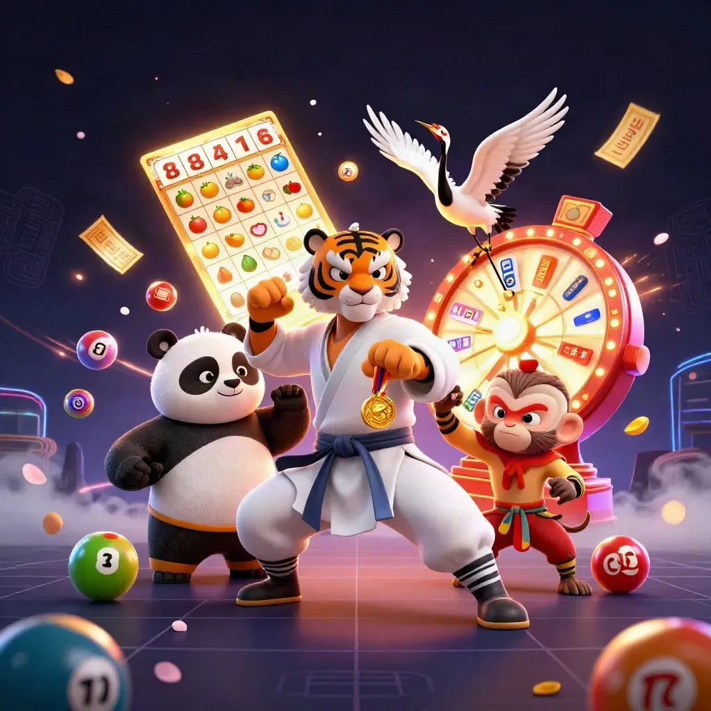 Kung-fu tiger, panda, and monkey amid neon casino treasure bursts on a dark grid.