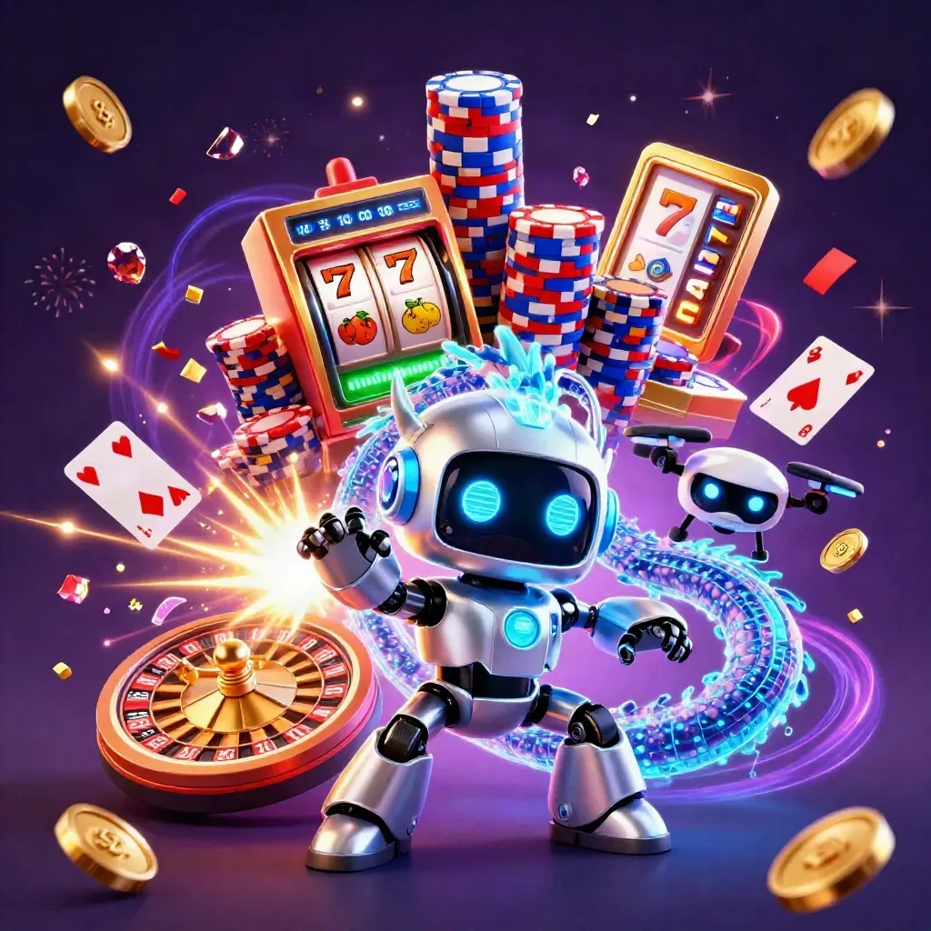 Cyberpunk robot, holographic dragon, and coin drone amid coins, gems, chips, cards, and neon casino effects.