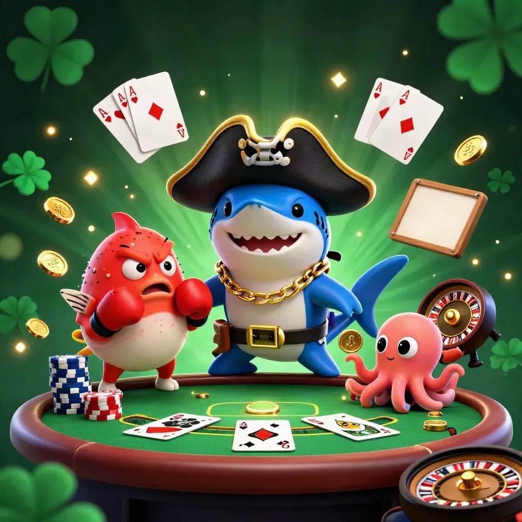 Pirate shark, boxing pufferfish, and coin-juggling octopus at a luxe casino table