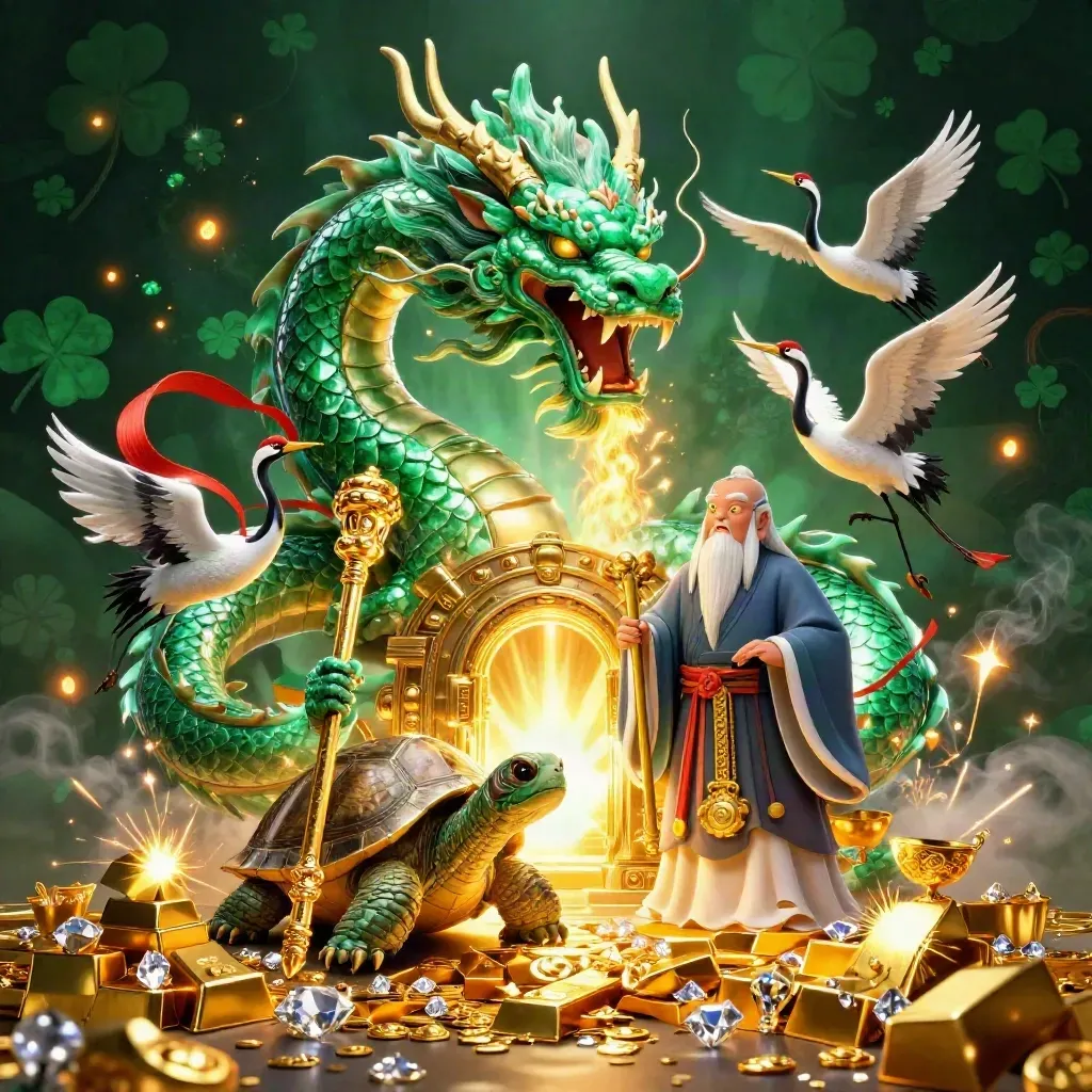 Emerald dragon, turtle sage, and cranes amid treasure burst and golden fire