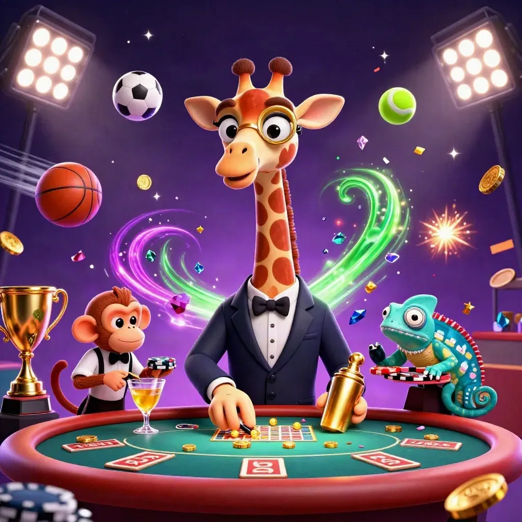 Giraffe, monkey, and chameleon casino heroes with sports balls, trophy, coins, and neon energy.