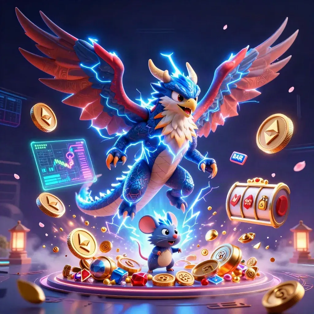 Thunder dragon, hawk and mouse amid neon coins, lightning and casino energy on dark grid backdrop