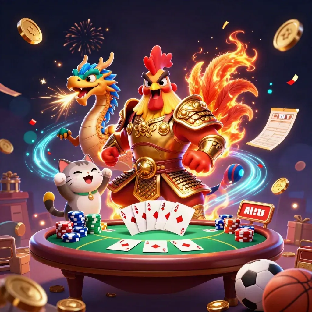 Rooster warrior, dragon hatchling and fortune-cat amid coins, cards, chips and fireworks.