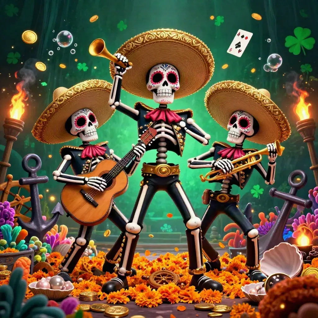 Three skeleton mariachi heroes burst from an underwater treasure cove with coins, coral and dramatic light.