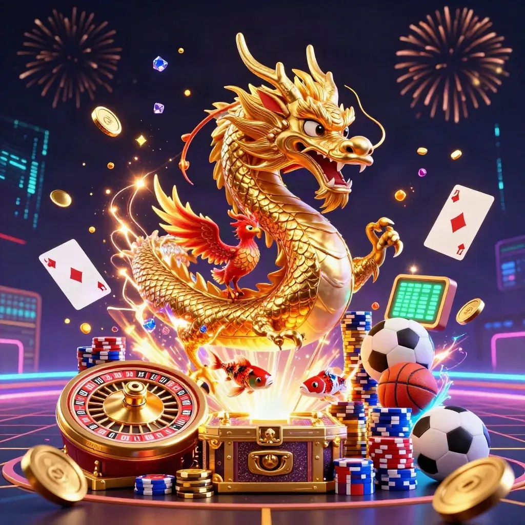 Golden dragon, phoenix, koi and casino treasures burst in neon light and coins.