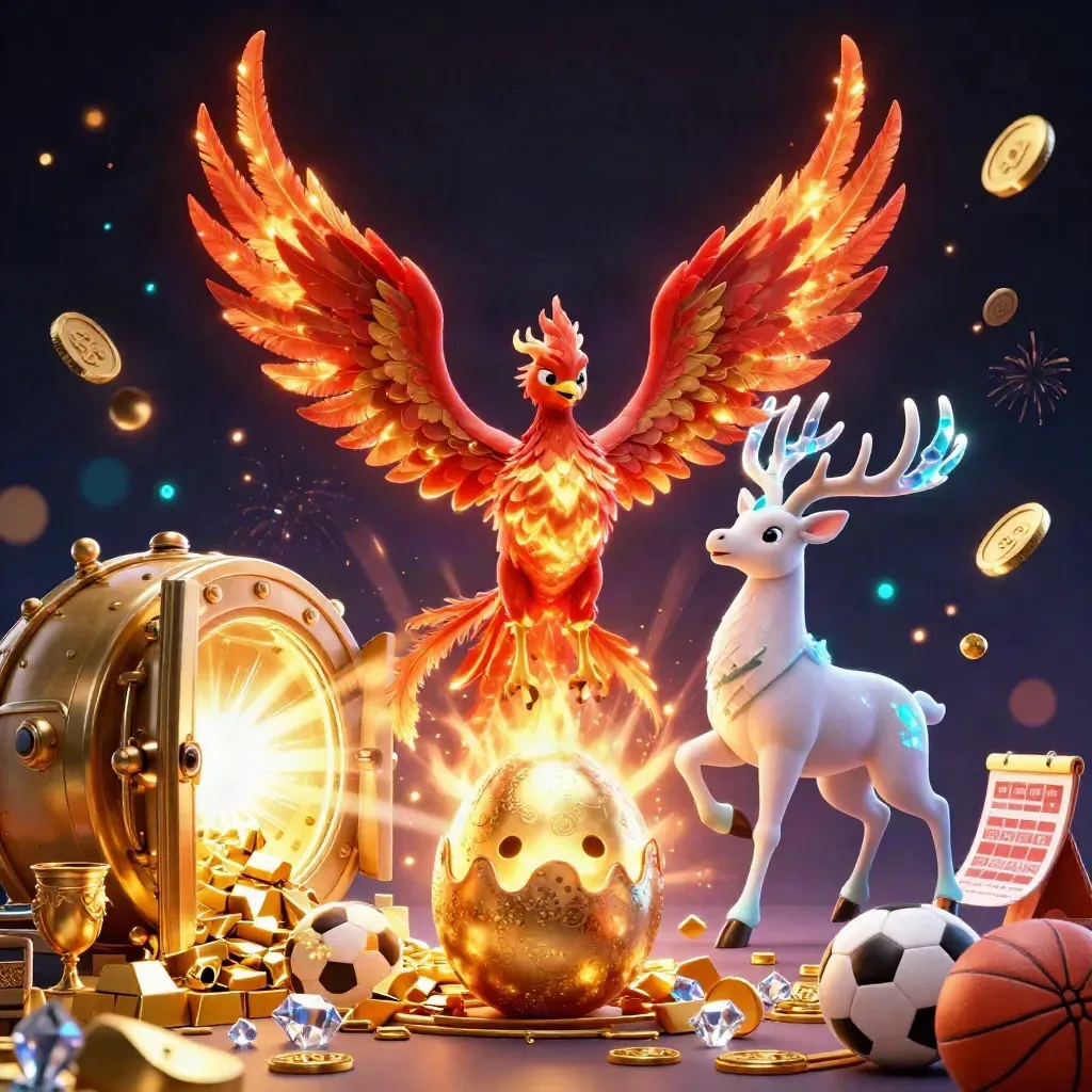 Phoenixes and a stag burst from an open vault with gold, gems and sports props.