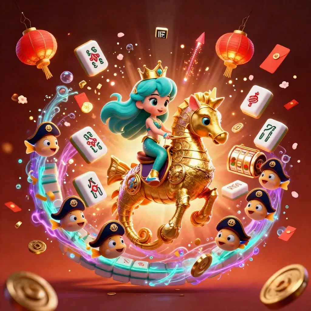 Mermaid princess on armored seahorse amid fish, lanterns, reels, coins, bubbles, and glowing casino effects.