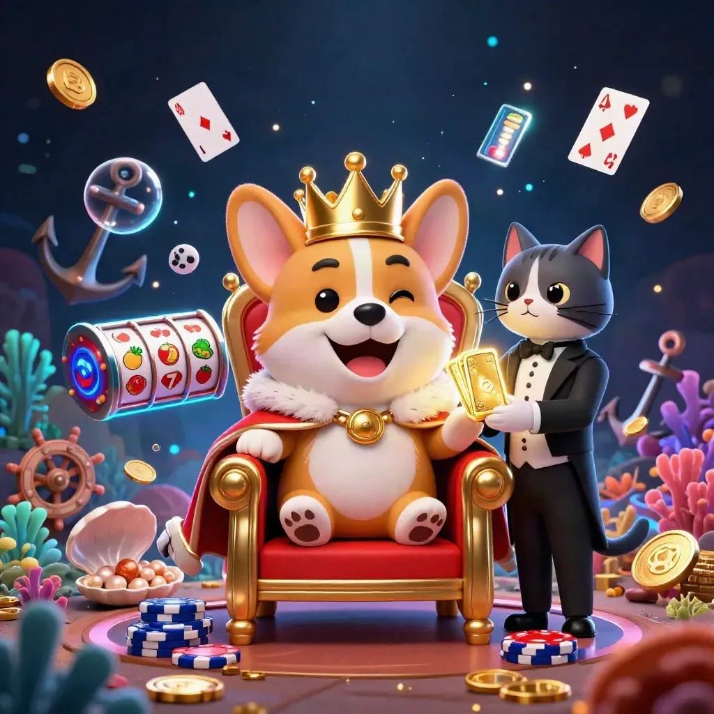Royal corgi king and cat butler amid casino treasure, coins, coral, reels, and glowing effects