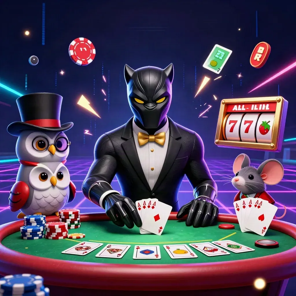 Black panther dealer with owl and mouse amid chips, cards, reels and neon casino effects