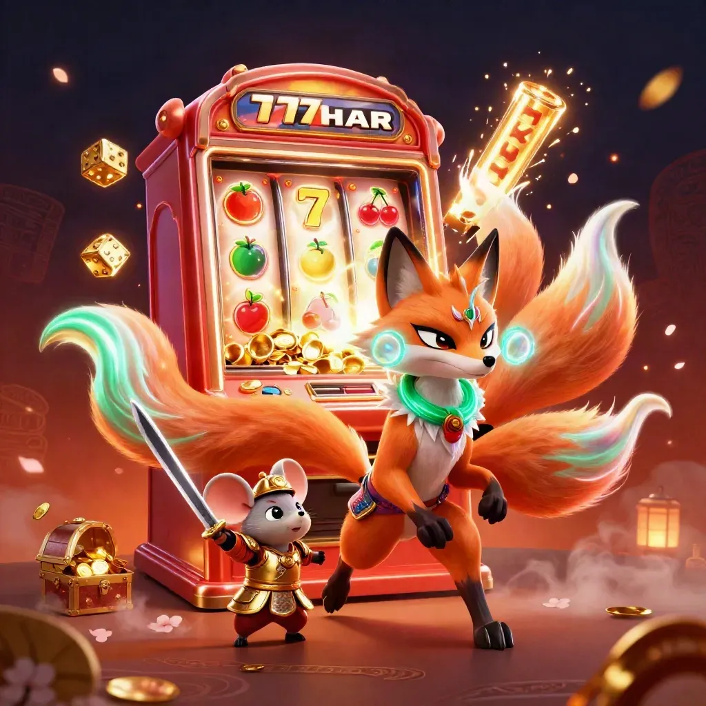 Neon fox spirit and samurai mouse amid exploding slot reels, dice, gold and ember glow