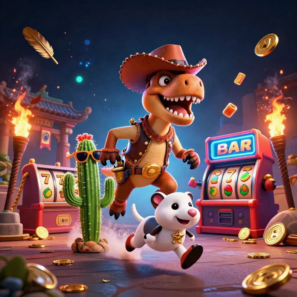 Cowboy T-Rex, cactus sidekick, and roadrunner amid glowing casino relics and slot effects.