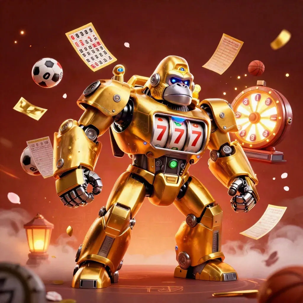 Golden gorilla mech with reels, tiny monkey pilot, lottery balls, prize wheel, and casino sparks.