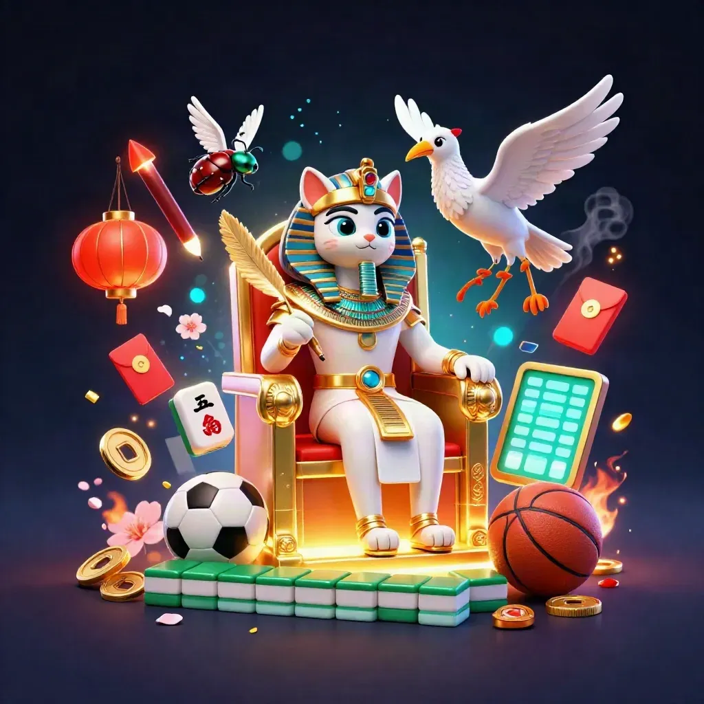 Pharaoh cat throne scene with ibis scribe, scarabs, coins and sports props in neon light.