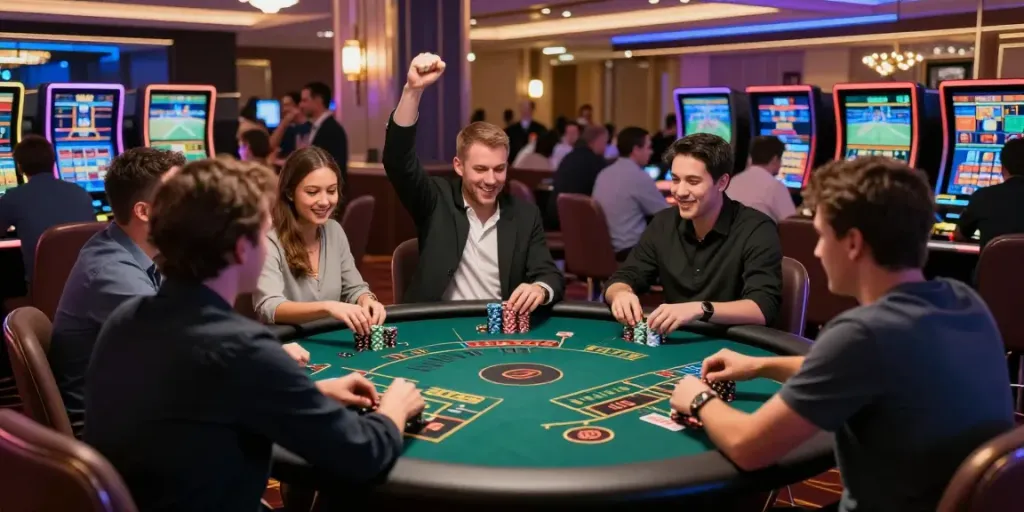 Engaging FABET sports betting scene with players celebrating and strategizing.
