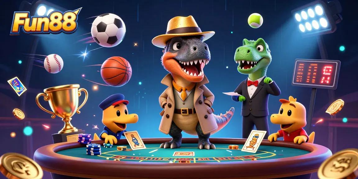 Witness a thrilling Fun88 blackjack scene with a velociraptor card counter and a quirky atmosphere.