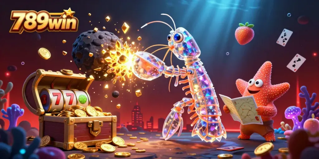 Experience the excitement of 789win with a vibrant 3D illustration of a galactic mantis shrimp battling through gems and coins.