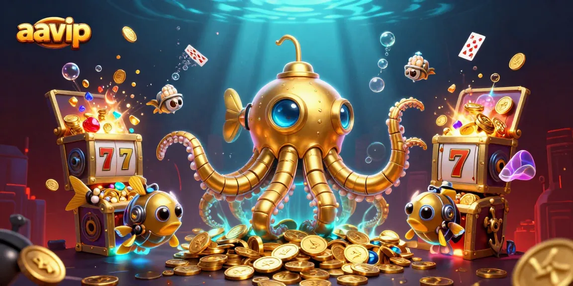 Aavip players enjoy a thrilling gaming experience with vivid slot reels and a golden kraken submarine.