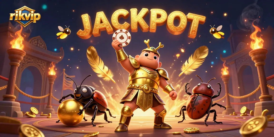 Experience the thrill of rikvip with a victorious beetle in gladiator armor, jackpot fireworks, and gold coins.