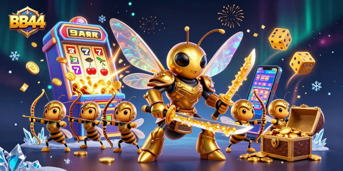 Engage with BB44's vibrant casino action featuring a dynamic golden hornet samurai amidst slots and jackpots.