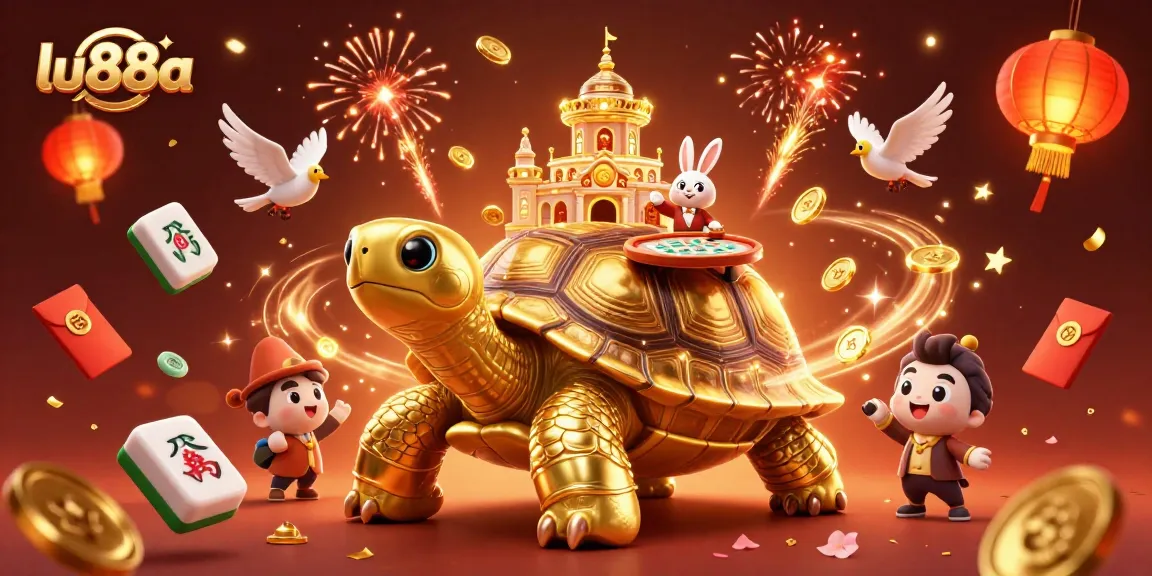 Experience the excitement of lu88a with a vibrant casino-themed illustration featuring a golden tortoise and lively gaming elements.