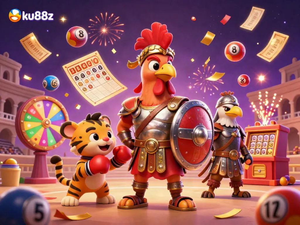 Engage in thrilling games at ku88z with exciting lottery elements and vibrant characters in a dynamic casino arena.