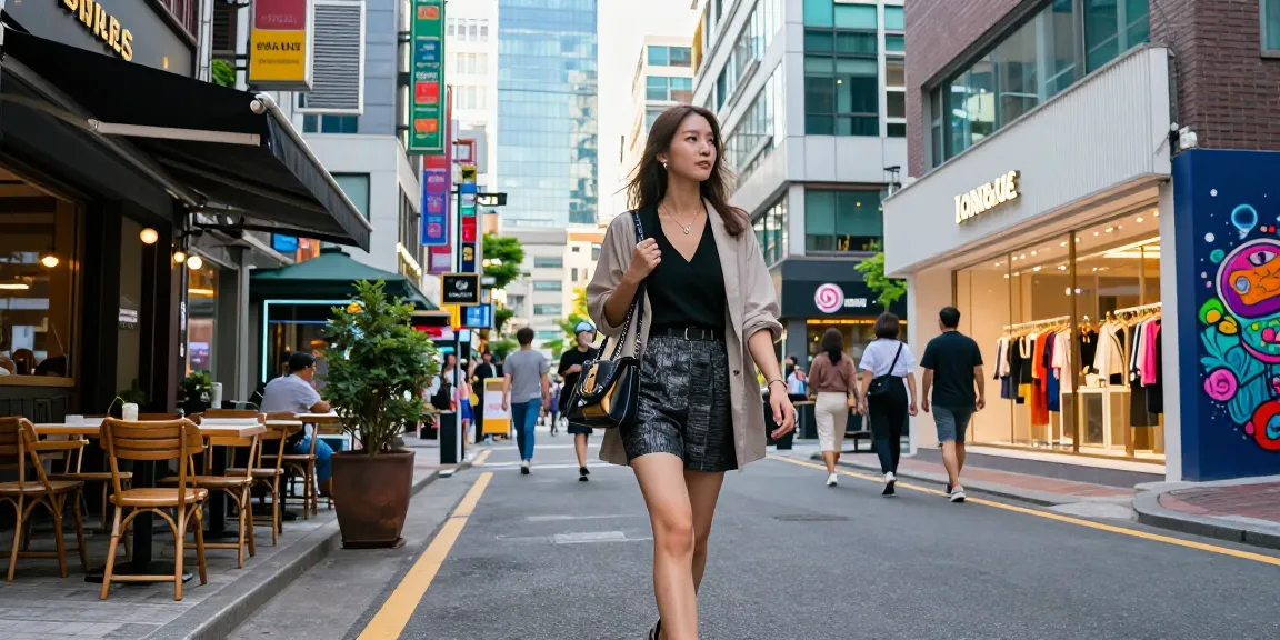 강남 세이렌을 배경으로 자신감 넘치는 여성의 스타일리시한 도보 장면