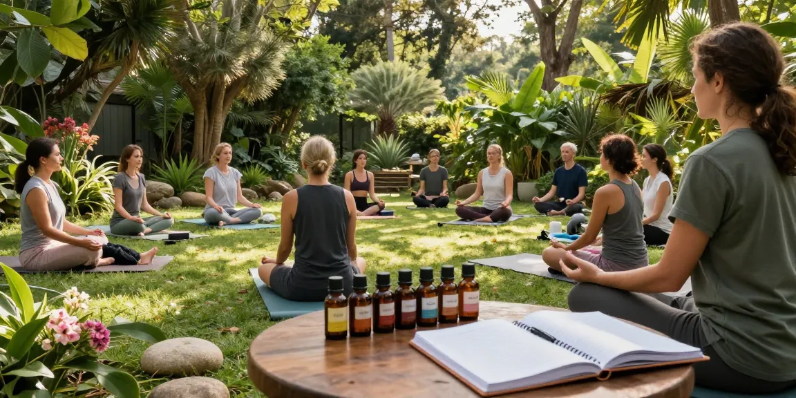Ministry of Cannabis CBD wellness scene with yoga class and natural hemp products in a tranquil outdoor setting.