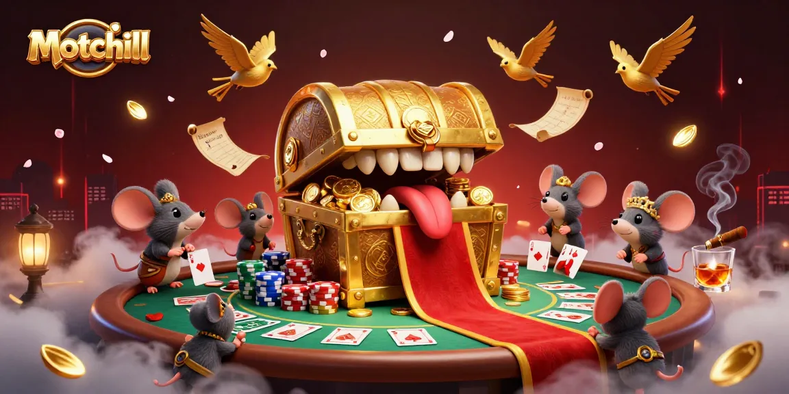 Engage with motchill's thrilling cartoon casino scene featuring treasure and poker action.