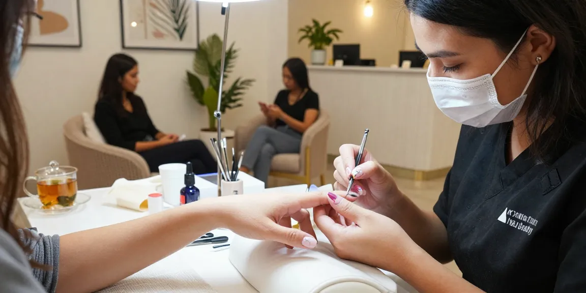 Client receiving a manicure at Paradise Nail Beauty with floral nail art.