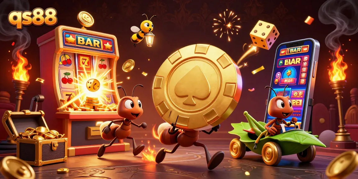 Engage with qs88 by viewing a thrilling heist scene of ants and casino games.