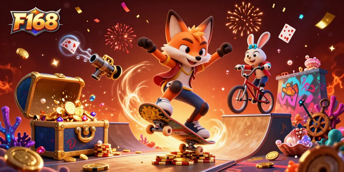 Experience F168's vibrant casino adventure with fox and rabbit characters in an action-packed scene.