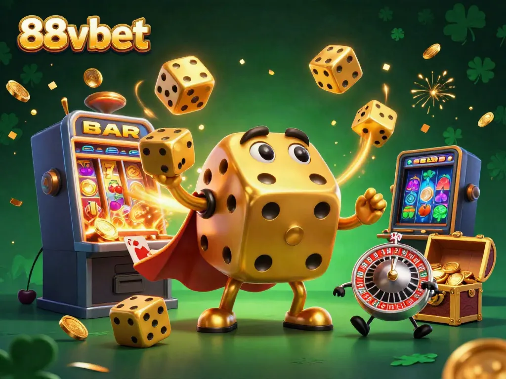 Join 88vbet in a vibrant 3D casino scene filled with golden dices, slot machines, and energetic game elements.