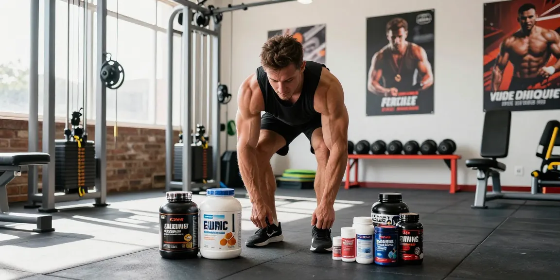 Athlete in Steroide Boutique environment preparing for competition with supplements and gym equipment.