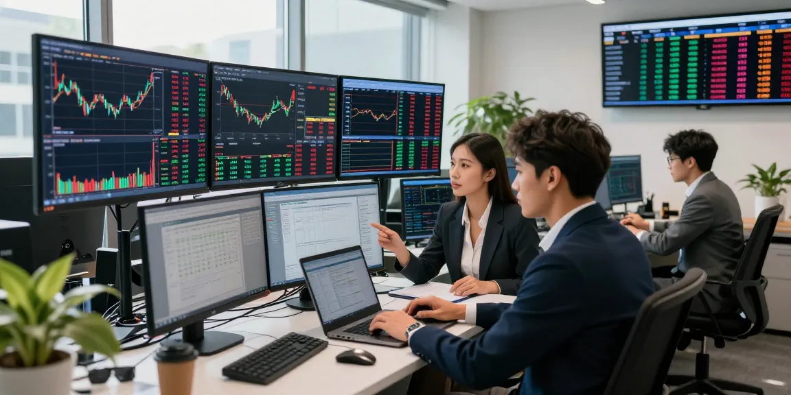 Traders analyzing real time market data in a modern financial office with live stock charts and data visualizations.