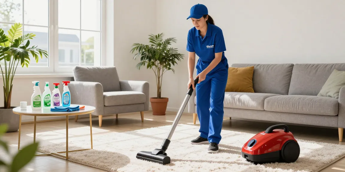Professional cleaning service in action with reinigungsdienst bern, bright living room, cleaner vacuuming with attention to detail.
