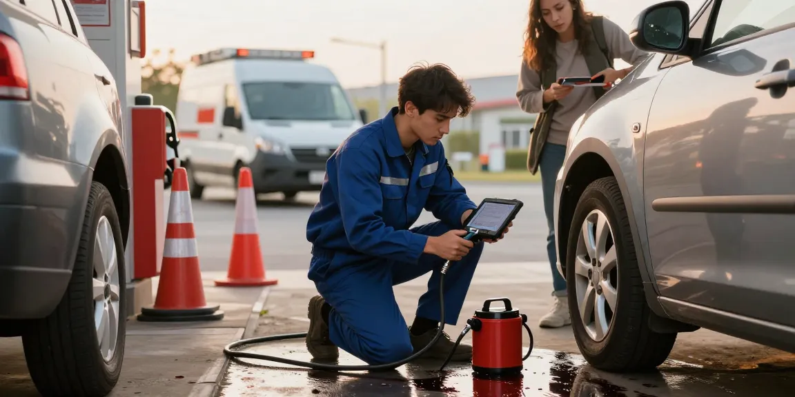 Wrong fuel in car scenario with technician assisting vehicle owner at the roadside, highlighting quick recovery services.