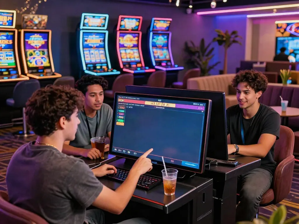 Players enjoying a thrilling gaming experience at i24Slots Casino, celebrating a big win in a lively casino atmosphere.