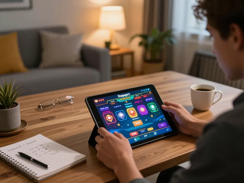 Player enjoying online betting at dagago with tablet, showcasing vibrant interface in cozy home setting.