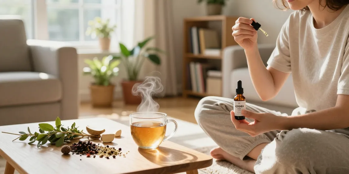 Person enjoying cbd oil canada in a serene home wellness setting with plants and herbal tea.