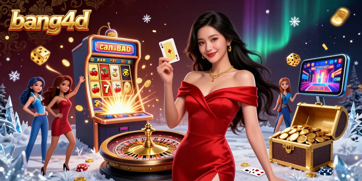 Engage in thrilling gameplay at bang4d as a young Asian woman confidently displays a golden playing card at a vibrant casino.