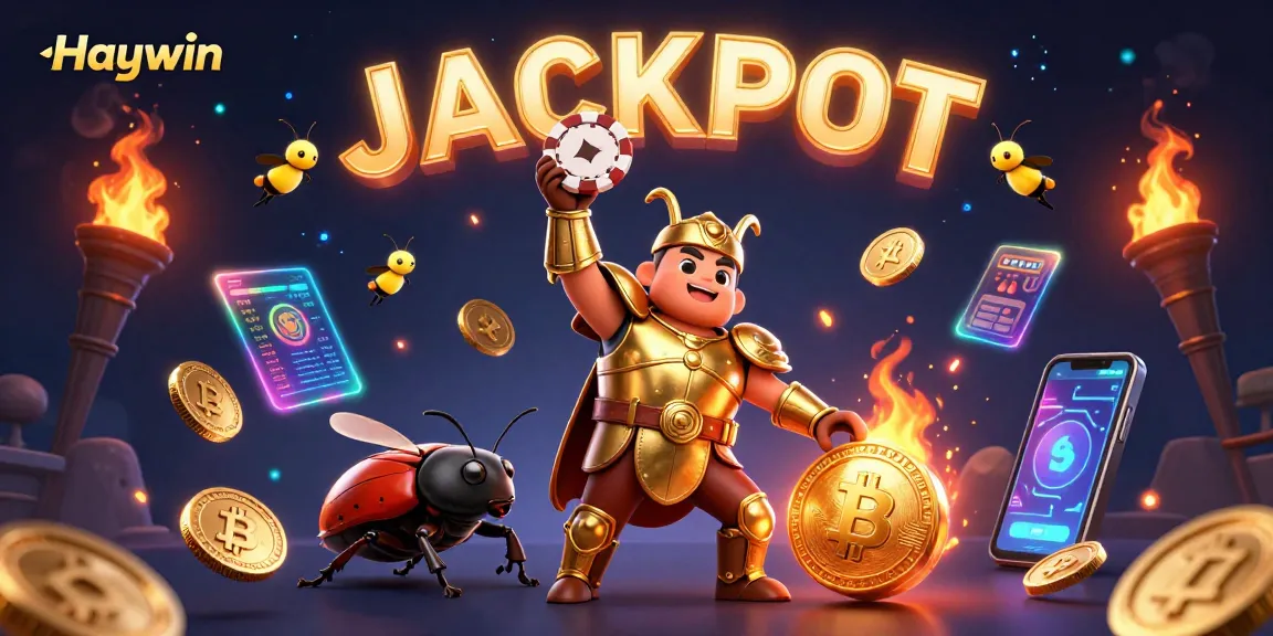 Experience thrilling gameplay at Haywin with a victorious gladiator beetle lifting a poker chip.