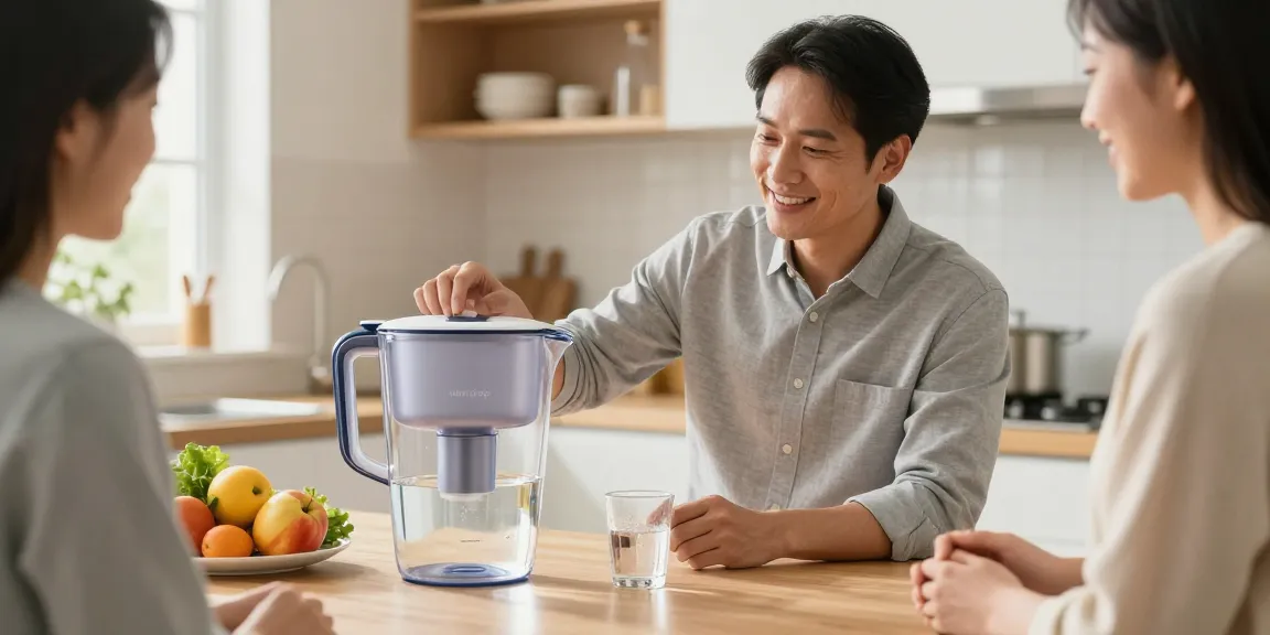 Waterdrop ED01AW Electric Water Filter Pitcher, trusted local service provider demonstrating product benefits in a friendly community kitchen.