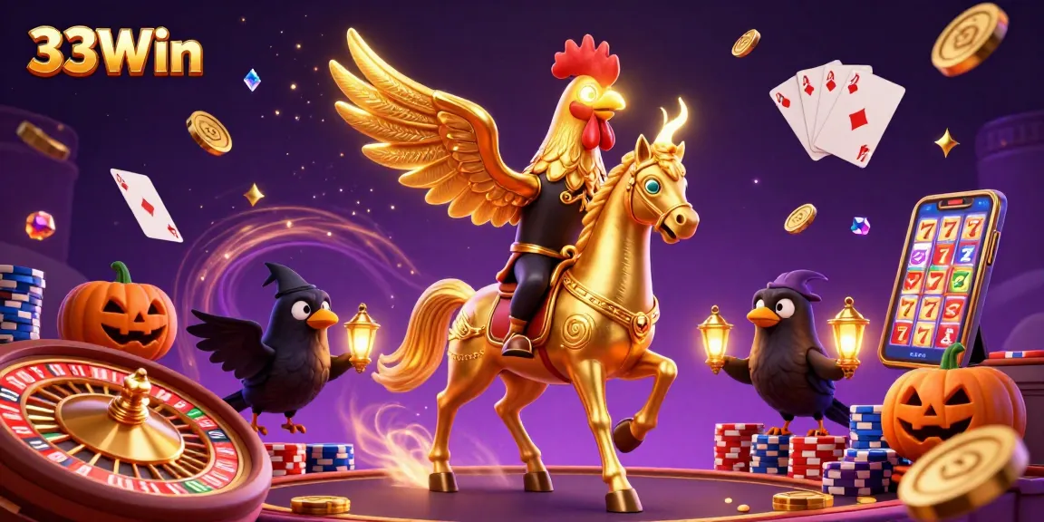 Experience thrilling gameplay with 33Win in a vibrant casino scene featuring golden rooster characters.